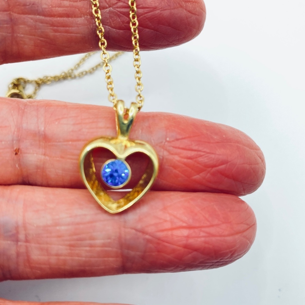 Vintage Gold Heart Necklace With Blue Rhinestone Sparkly Coquette Girl 17"